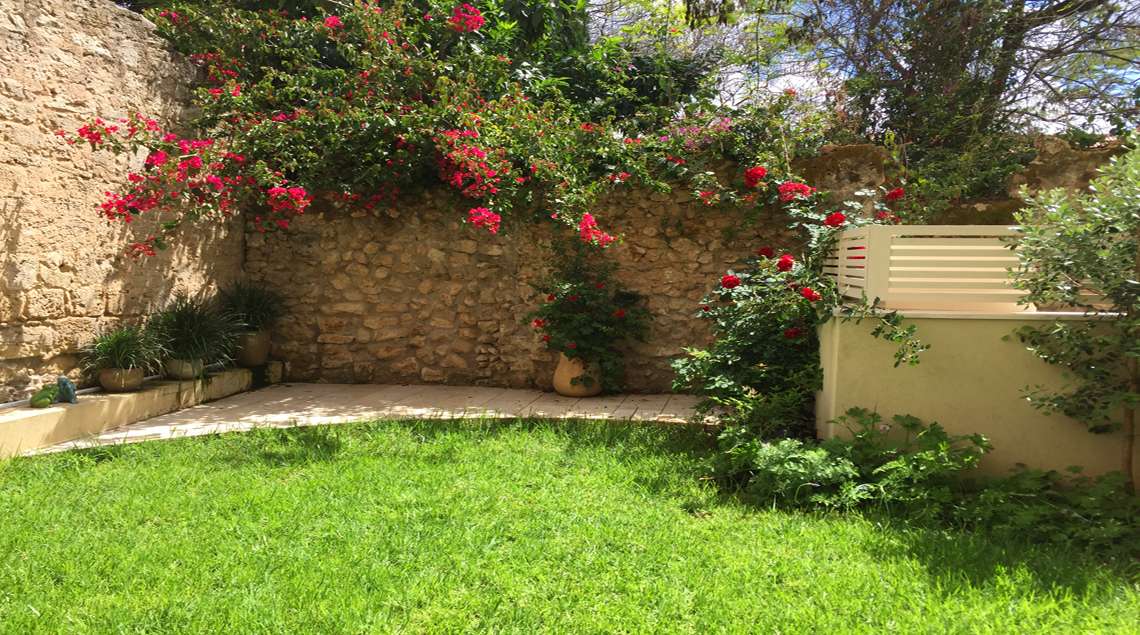בקצה המדשאה פינה קטנה ומוצלת שתחומה בקיר אבני כורכר עתחק שעליו מטפסים ורדים אדומים.