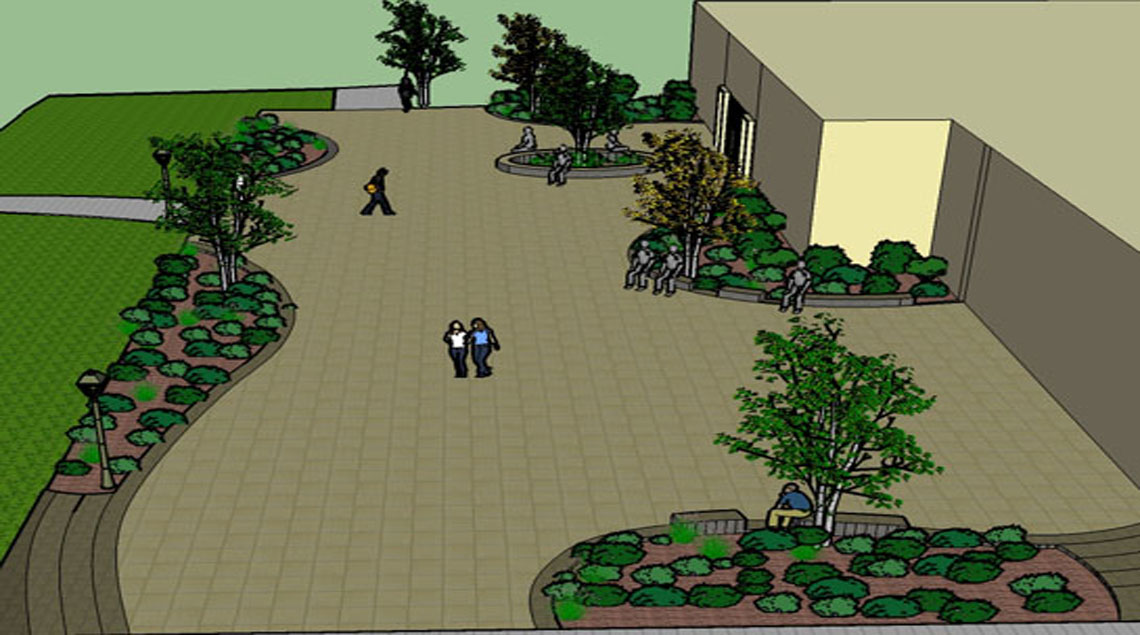 הדמיה של הערוגות והספסלים ברחבת חדר האוכל.