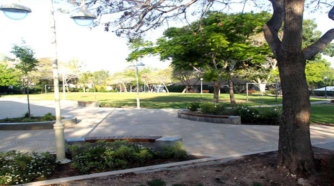 ספסלים עשויים בטון ועץ סביב הערוגות.