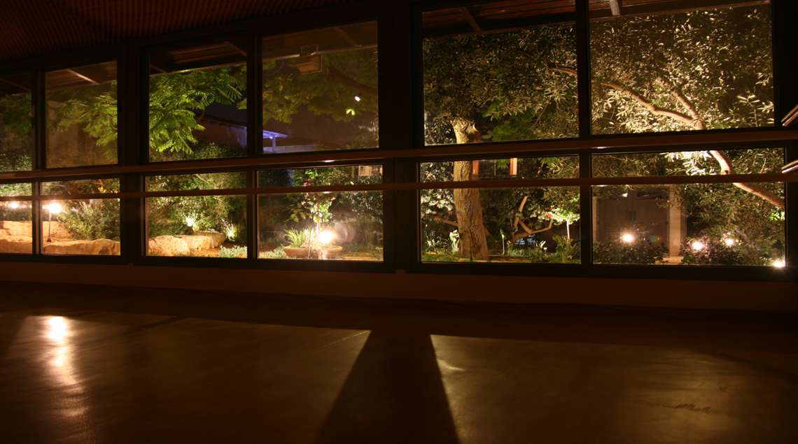 מבט מהסטודיו אל הגינה המוארת בלילה.