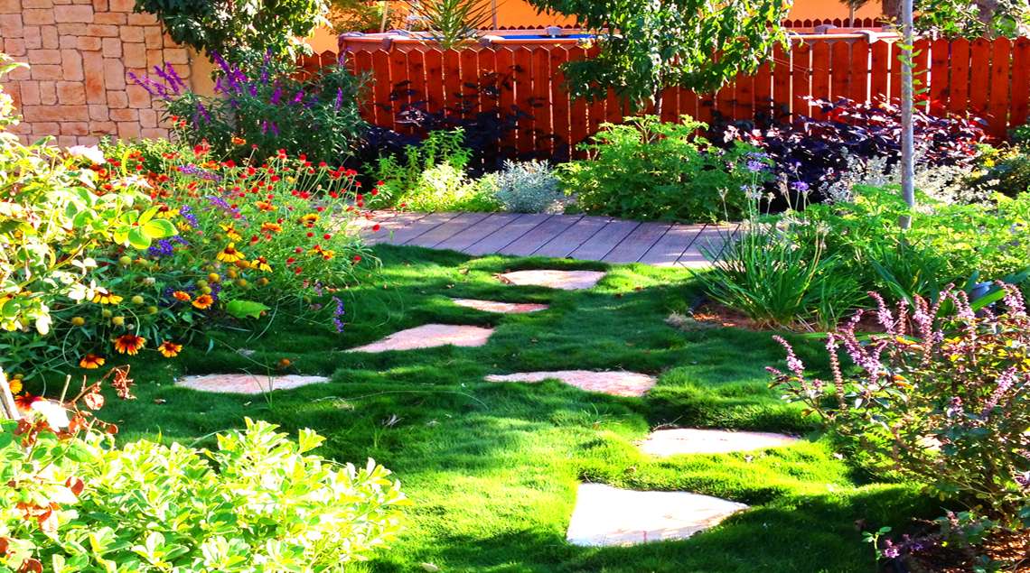 דשא גבעות משולב באבני מדרך, שביל מדק וערוגות פורחות בכתום וסגול.